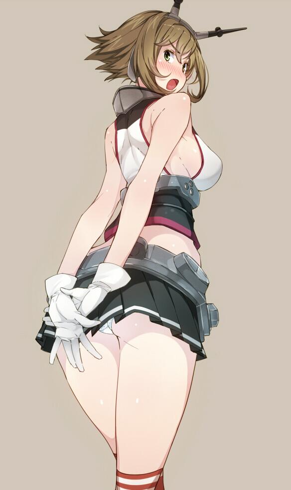 1girl amayu bare_shoulders blush breasts brown_hair gloves green_eyes headgear kantai_collection looking_at_viewer mutsu_(kantai_collection) open_mouth panties personification short_hair skirt solo thighhighs underwear white_panties