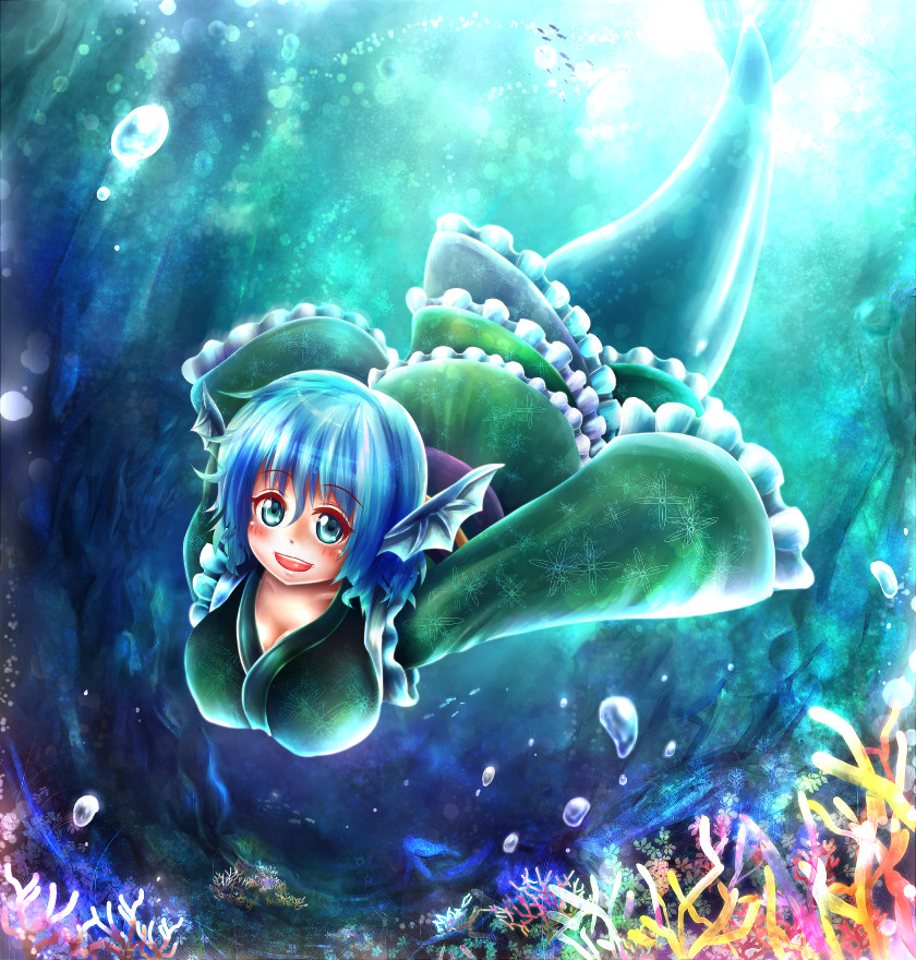 1girl :d aqua_eyes blue_eyes blue_hair breasts bubble cleavage coral head_fins japanese_clothes kimono large_breasts long_sleeves mermaid monster_girl obi open_mouth sash satoji_(ochanomkmskry) short_hair smile solo swimming touhou underwater wakasagihime wide_sleeves