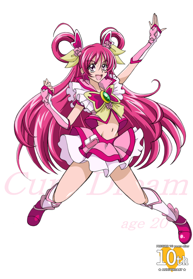 1girl :d adapted_costume anniversary arm_up arudebido boots brooch character_name copyright_name cure_dream flower frills hair_flower hair_ornament hair_ribbon hair_rings jewelry knee_boots long_hair magical_girl midriff navel open_mouth pink_eyes pink_hair pink_rose pink_skirt precure ribbon rose skirt smile solo white_background wrist_cuffs yes!_precure_5 yes!_precure_5_gogo! yumehara_nozomi