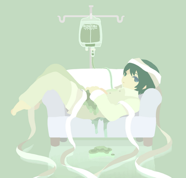 1boy aojiru_(yume_2kki) bandages couch expressionless green_eyes green_hair hand_on_stomach intravenous_drip lito_(24281122) looking_at_viewer lying male pajamas solo yume_2kki