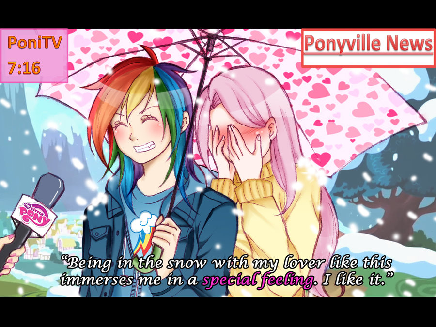 2girls blush couple covering_face fluttershy interview long_hair microphone multicolored_hair multiple_girls my_little_pony my_little_pony_friendship_is_magic open_mouth parody personification rainbow_dash short_hair smile snow snowing special_feeling_(meme) umbrella winter_clothes yuri