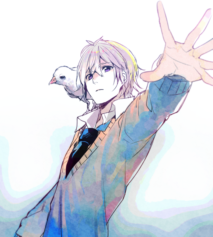 1boy animal_on_shoulder bird_on_shoulder charles_caron erubo grey_hair original school_uniform short_hair violet_eyes