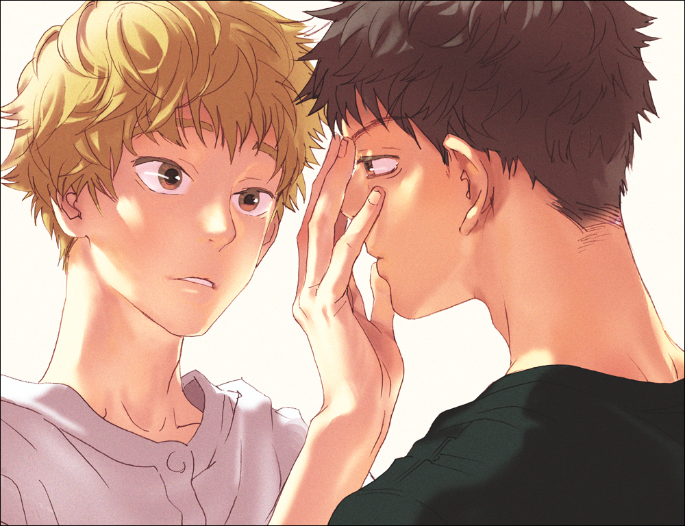 2boys abe_takaya adam's_apple backlighting blonde_hair brown_eyes brown_hair bust da_kata expressionless eye_contact hand_on_another's_face looking_at_another male mihashi_ren multiple_boys ookiku_furikabutte open_mouth profile t-shirt white_background