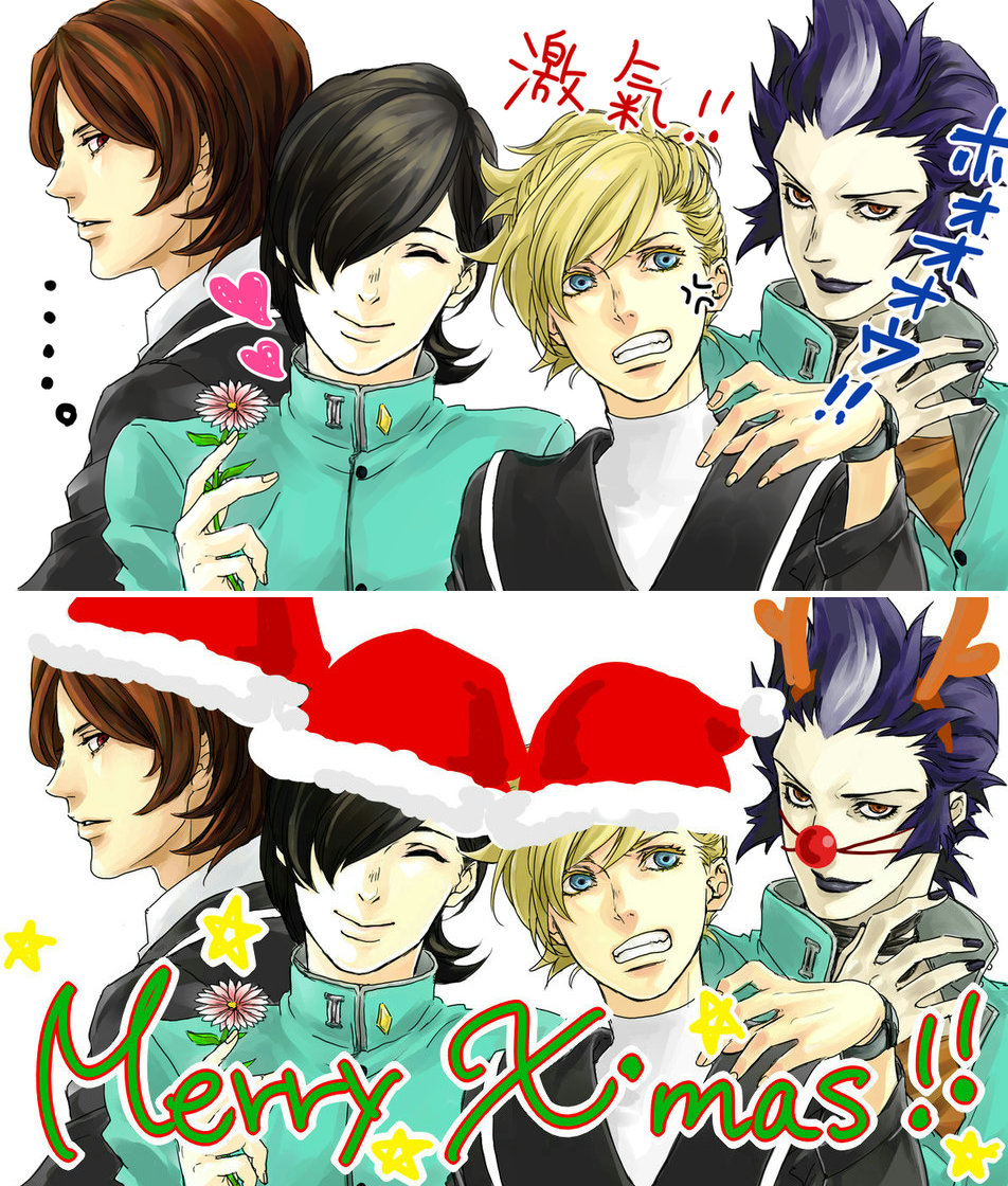 1girl 3boys hat kurosu_jun lisa_silverman mishina_eikichi multiple_boys persona persona_2 santa_hat sobe_(tokimekashi) suou_tatsuya