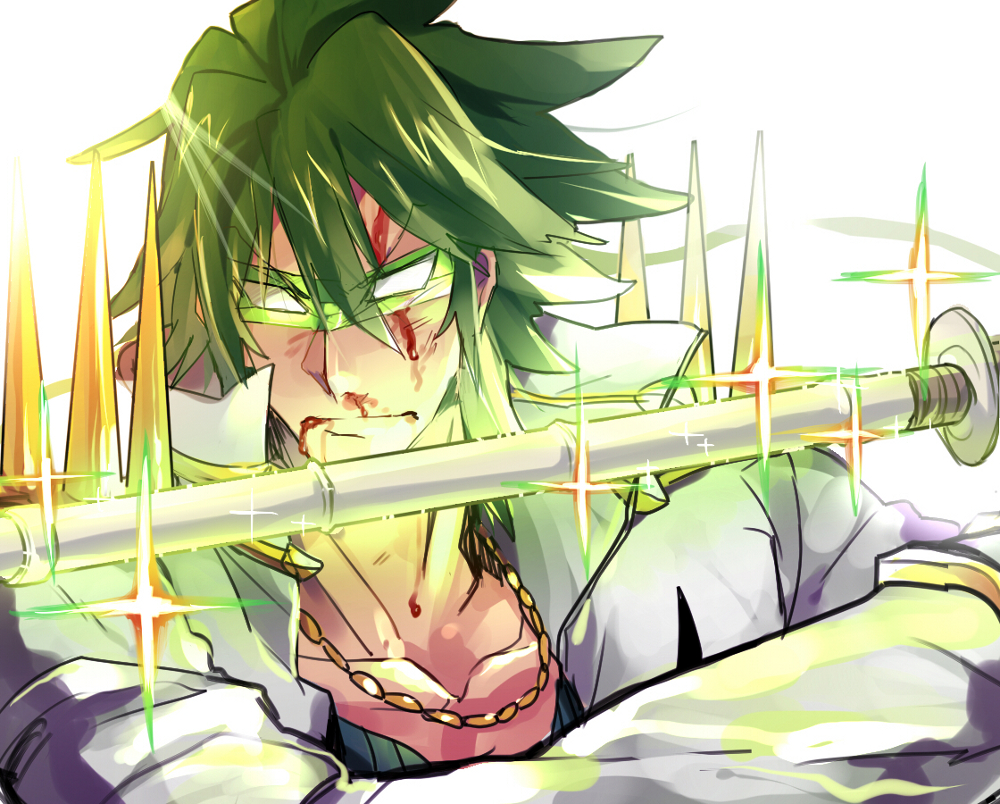 1boy blood green_hair injury jewelry kill_la_kill male mask necklace roco617 sanageyama_uzu shinai solo spikes sword weapon