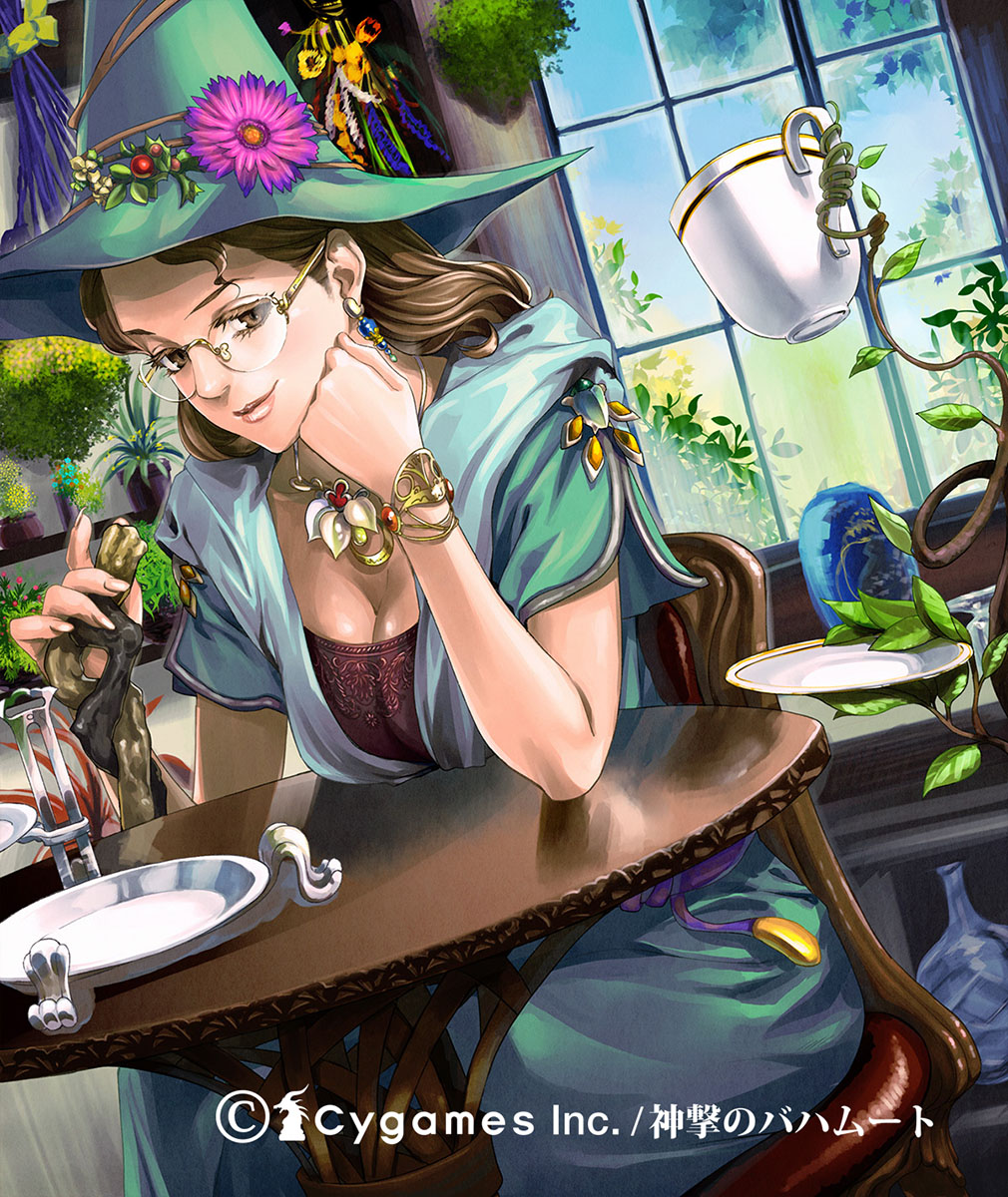 1girl breasts brown_eyes brown_hair character_request chin_rest cleavage cup dress dutch_angle earrings glasses greenhouse hat highres jewelry lipstick long_hair makeup nakano_tomokazu nose plant rimless_glasses shingeki_no_bahamut sitting smile solo staff teacup witch_hat