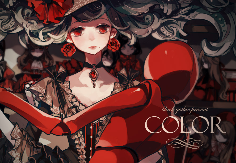 1girl black_bow brooch buttons choker clea cover dancing doll doll_joints dress earrings facing_viewer flower frills gothic_lolita jewelry lips lolita_fashion long_hair magazine_cover mole original red_eyes rose shelf solo_focus title