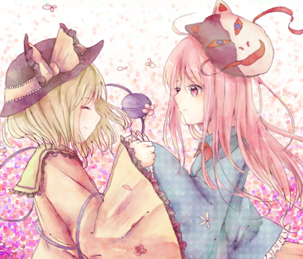 2girls blouse bust cherry_blossoms closed_eyes expressionless fox_mask gajiemoxia gradient gradient_background green_hair hat hat_ribbon hata_no_kokoro holding_hands komeiji_koishi long_hair long_sleeves looking_at_another mask multiple_girls petals pink_eyes pink_hair plaid plaid_shirt profile ribbon short_hair smile third_eye touhou wide_sleeves wind