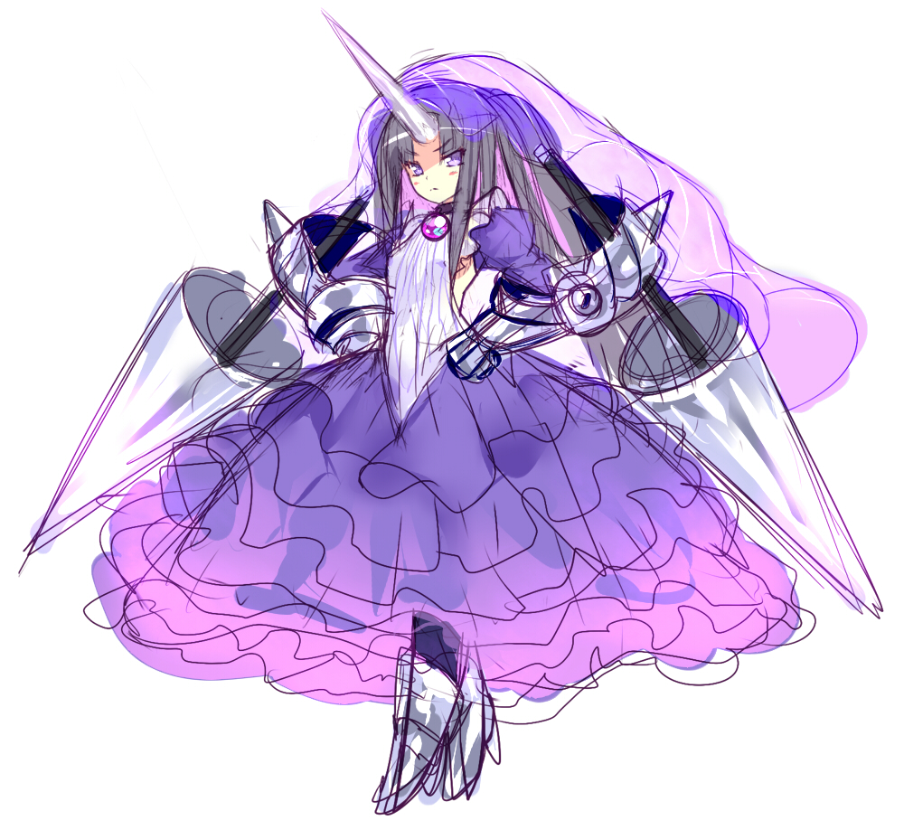 1girl black_hair blush cloyster dress frilled_dress frills gauntlets greaves hands_on_hips horn lance long_dress personification pokemon polearm purple_dress rough solo umitsuki veil violet_eyes weapon