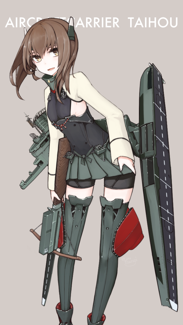 1girl bike_shorts bow_(weapon) brown_hair character_name crossbow flat_chest headgear kantai_collection looking_at_viewer mikoto_(oi_plus) open_mouth personification pleated_skirt short_hair simple_background skirt smile solo taihou_(kantai_collection) thighhighs weapon yellow_eyes zettai_ryouiki
