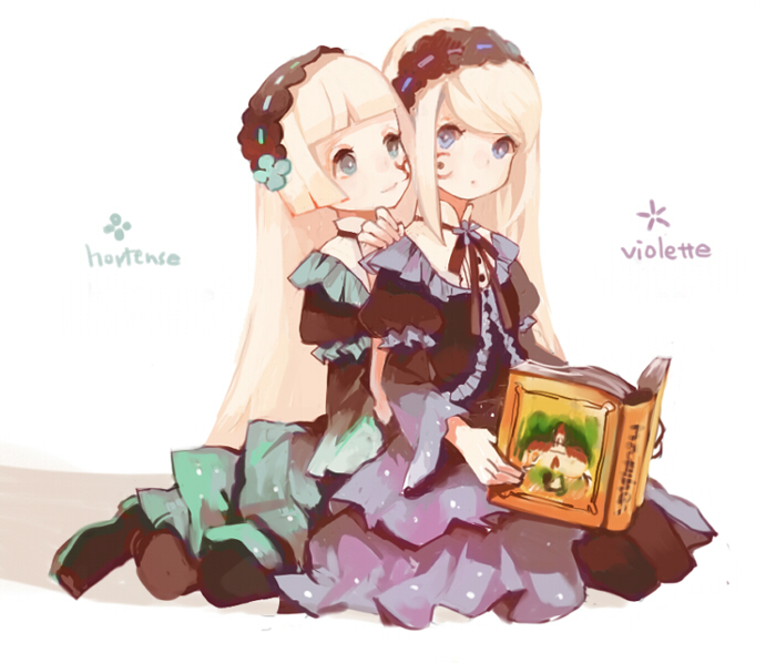 2girls black_legwear blonde_hair blue_eyes book character_name clea facial_tattoo frills gothic_lolita hairband hand_on_another's_shoulder hime_cut holding holding_book hortense lace-trimmed_hairband layered_dress lolita_fashion long_hair marchen multiple_girls pantyhose reading roman shoes simple_background sitting sound_horizon tattoo very_long_hair violette white_background white_pupil
