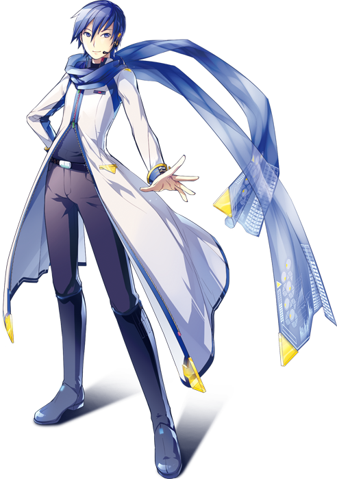 1boy bangs belt blue_eyes blue_hair boots coat headset ixima kaito kaito_(vocaloid3) microphone official_art pants scarf see-through solo transparent_background vocaloid zipper