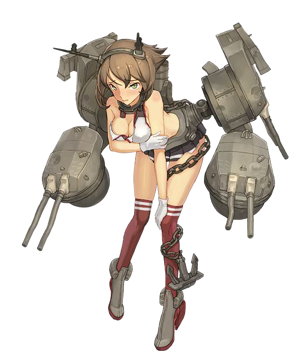 1girl anchor bare_shoulders bent_over blush breasts brown_hair cannon chain cleavage covering covering_breasts gloves green_eyes hair_ornament hairband headgear kantai_collection mutsu_(kantai_collection) navel official_art personification shizuma_yoshinori short_hair skirt thighhighs torn_clothes weapon
