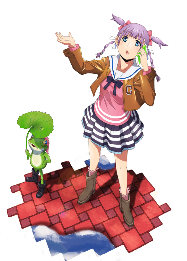 1girl blue_eyes blush boots bow bowtie cellphone frog hair_bow hair_ornament hand_up jacket lily_pad looking_up miniskirt mokkei open_mouth phone puddle purple_hair quad_tails skirt solo sudou_cecil wizard_barristers:_benmashi_cecil