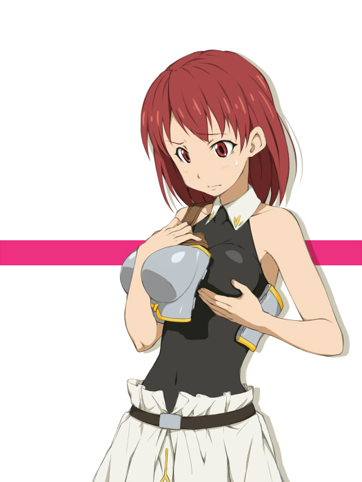 blush breast_hold breast_lift breastplate cecily_cambell cecily_campbell hamao leotard red_eyes red_hair seiken_no_blacksmith short_hair simple_background sweatdrop
