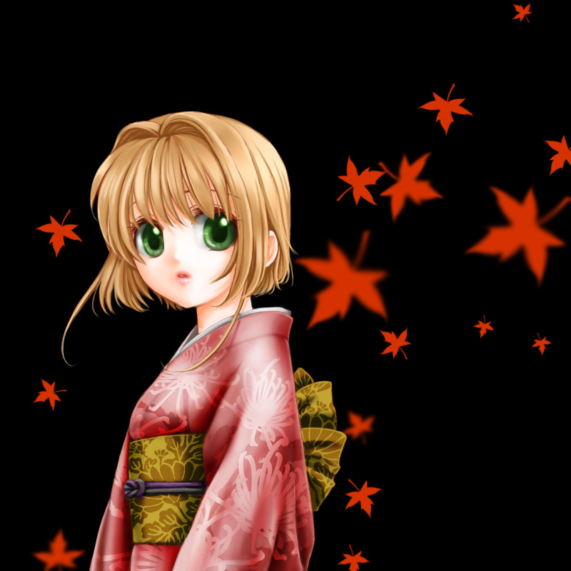 autumn brown_hair card_captor_sakura green_eyes japanese_clothes kimono kinomoto_sakura leaves lips mitsuru_(wish_fly) short_hair