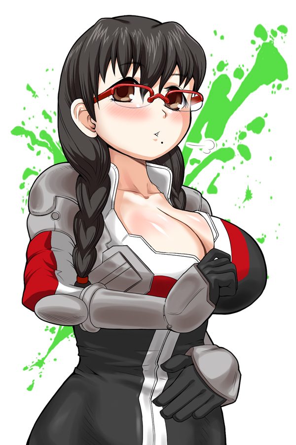 bad_id black_hair blush border_break braid breasts brown_eyes cleavage glasses huge_breasts mole solo twin_braids ui ui_(fuugetsuin)