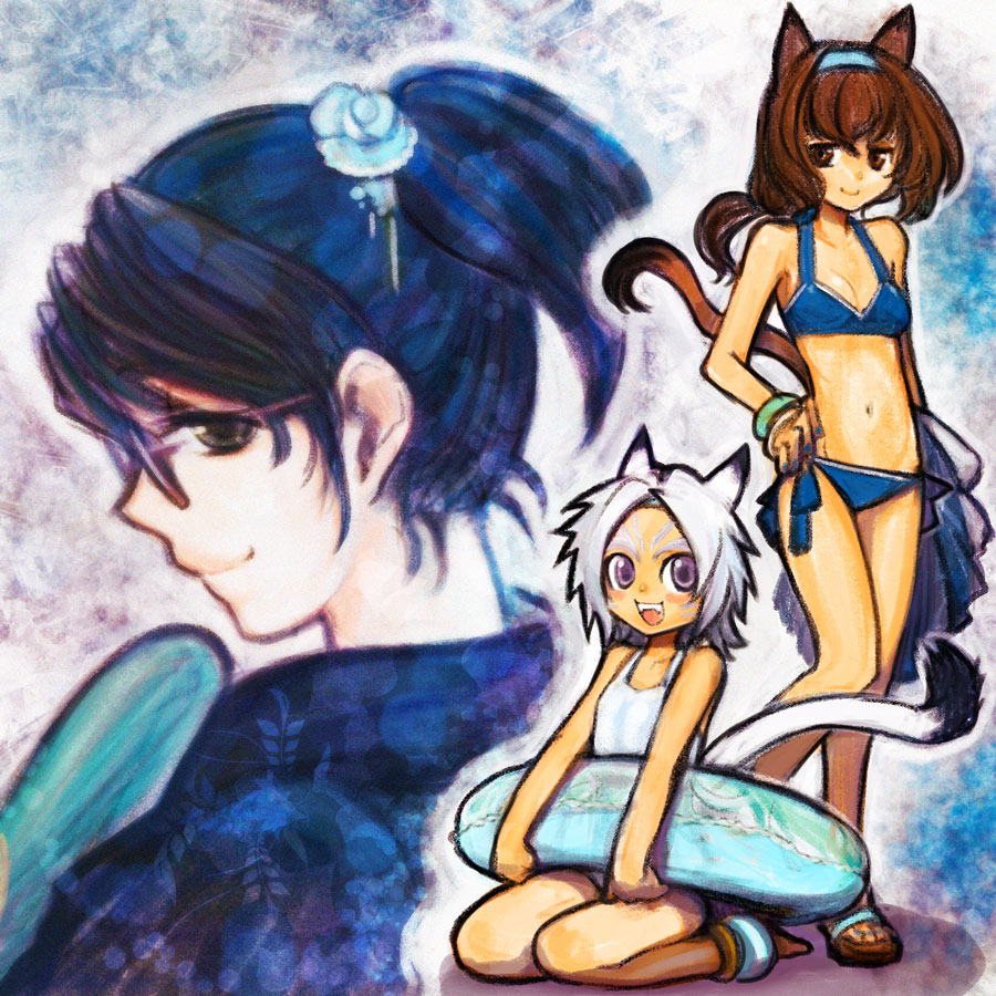 anklet bikini blue_hair brown_eyes brown_hair cat_ears cat_tail doraeshi final_fantasy final_fantasy_xi flower glasses hair_flower hair_ornament hairband hairpin hume innertube jewelry mithra one-piece_swimsuit ponytail purple_eyes side-tie_bikini swimsuit tail violet_eyes white_hair