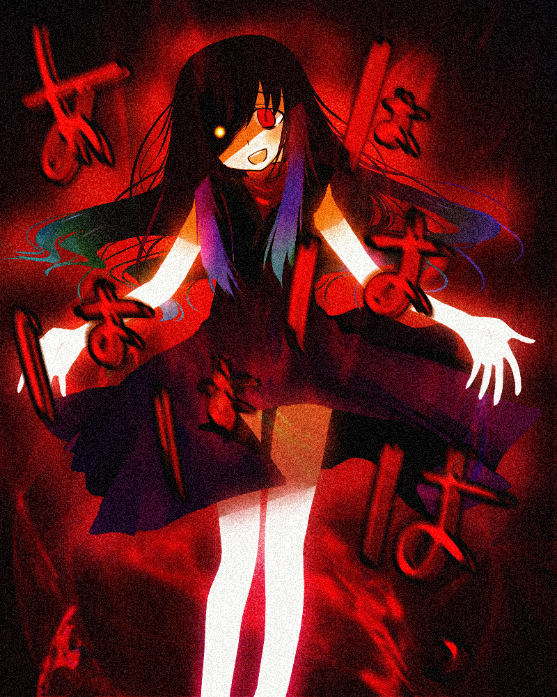 bad_id beatrice_(wild_arms_3) black_dress dress gradient_hair hair_over_one_eye hanui heterochromia laughing long_hair multicolored_hair open_mouth red_background red_eyes torn_clothes wild_arms wild_arms_3 yellow_eyes