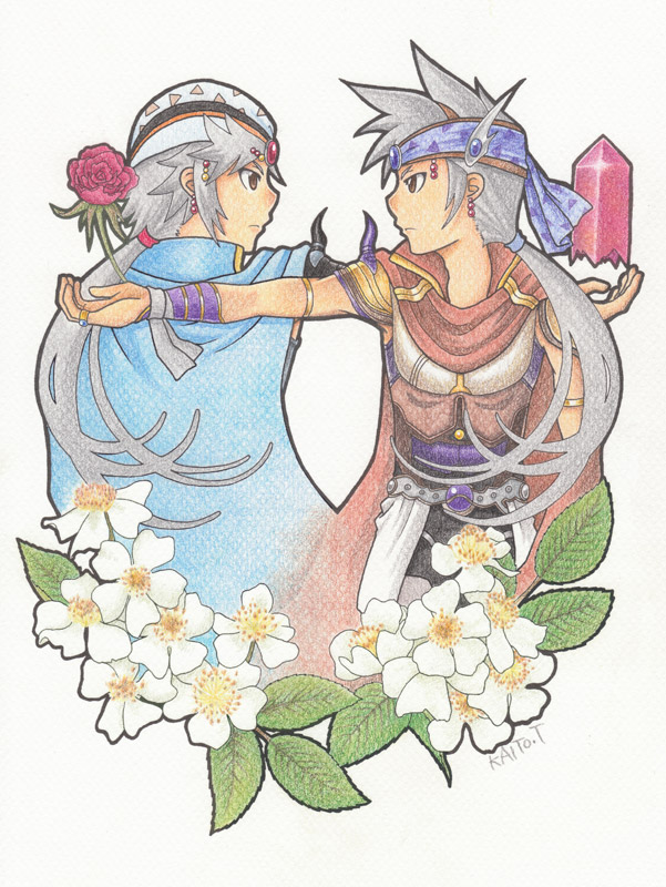 alternate_costume alternate_hairstyle bad_id brown_eyes cape crystal dissidia_final_fantasy final_fantasy final_fantasy_ii flower frioniel grey_hair kaito_(pixiv) male multiple_boys ponytail rose