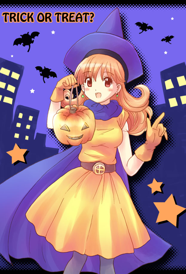 1girl alena_(dq4) bad_id bat bird_studio cape dracky dragon_quest dragon_quest_iv dress gloves halloween hat jack-o'-lantern jack-o-lantern long_hair ninica pantyhose pumpkin red_eyes red_hair redhead square_enix star tagme toei_animation