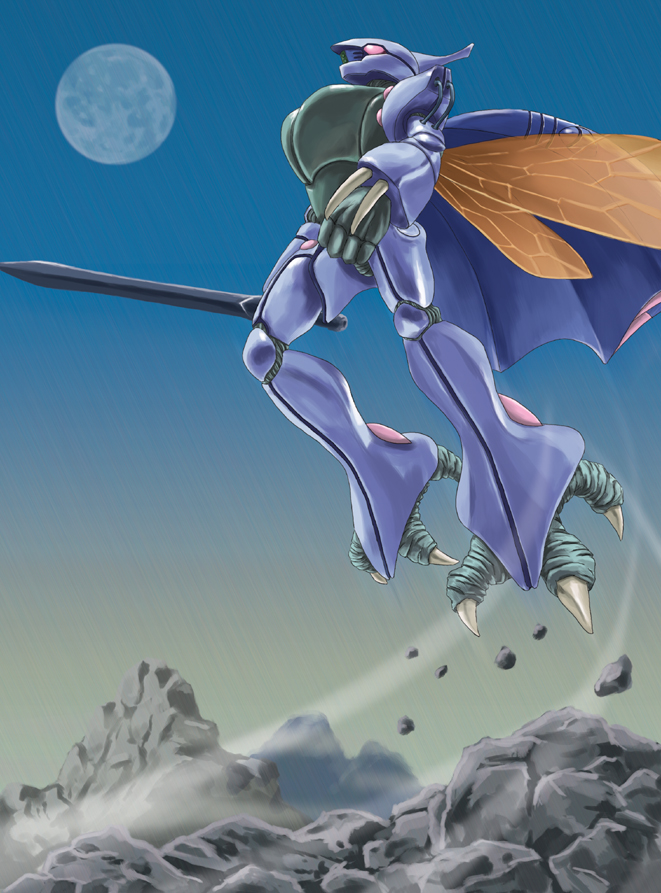 aura_battler_dunbine claws dunbine floating flying mecha moon mountain night rock sky sword
