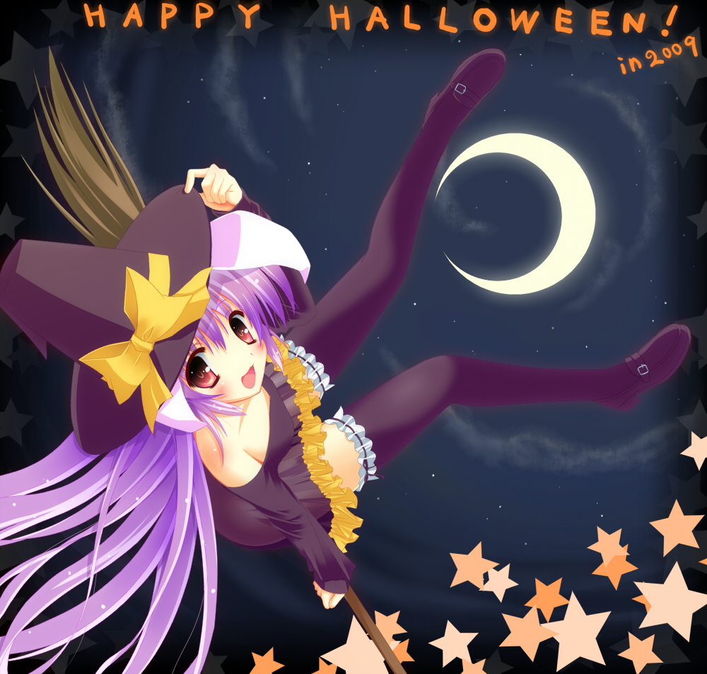 1girl bad_id bare_shoulders broom bunny_ears halloween hat long_hair purple_hair rabbit_ears red_eyes reisen_udongein_inaba ryuma solo thigh-highs thighhighs touhou witch_hat