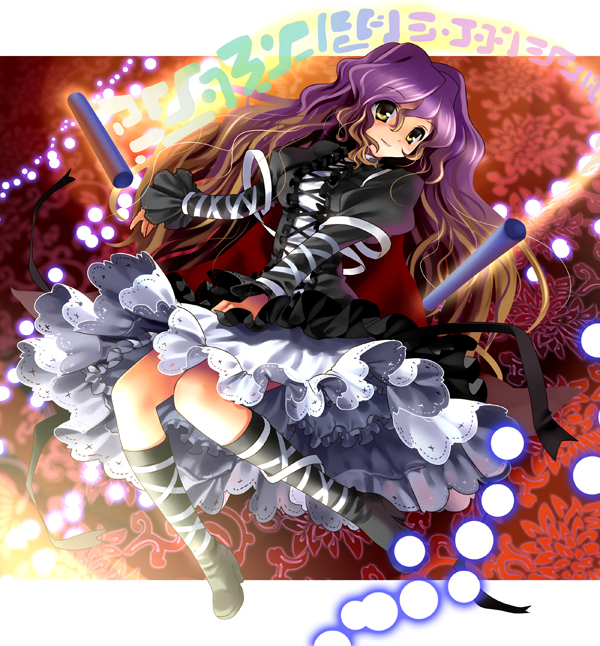 brown_hair cape danmaku dress gradient_hair high_heels hijiri_byakuren katahira_masashi knee_boots lace long_hair multicolored_hair petticoat purple_hair scroll shoes smile solo touhou yellow_eyes