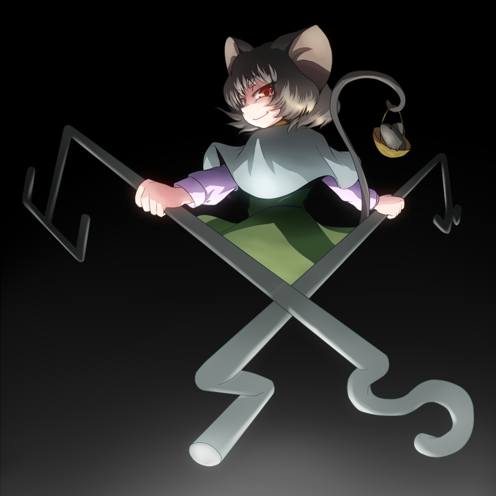 basket capelet dowsing_rod grey_hair looking_back mouse mouse_ears mouse_tail nazrin red_eyes short_hair simple_background smirk tail tora_(pixiv) tora_(trampjing) touhou