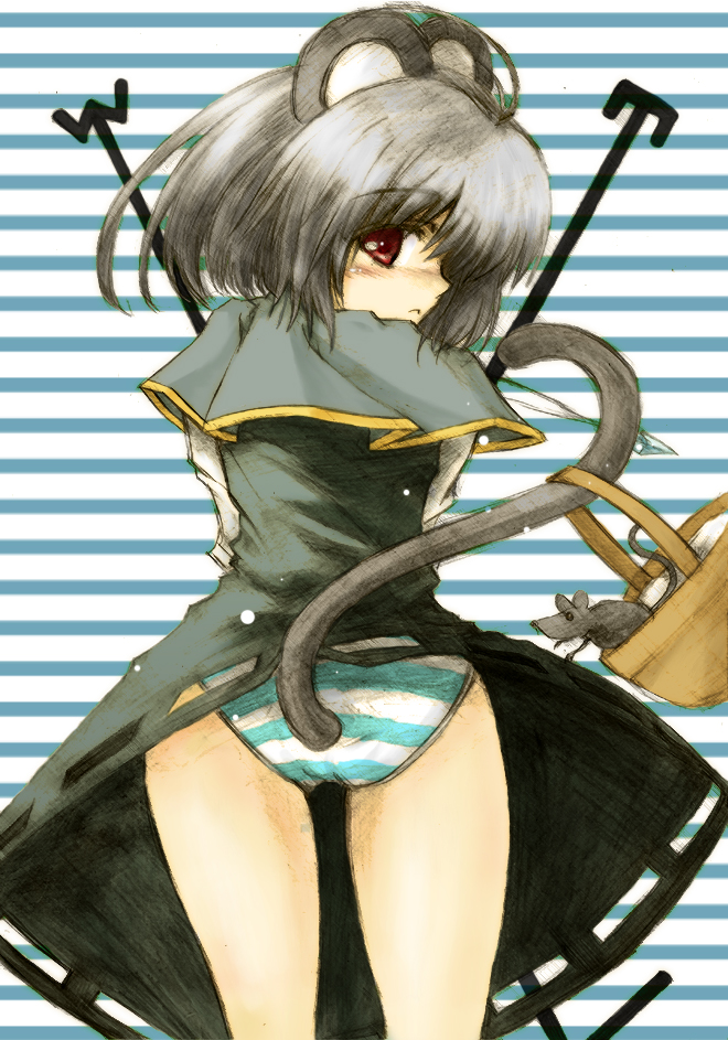 ass bad_id basket blush capelet grey_hair looking_back mouse mouse_ears mouse_tail moust nazrin panties red_eyes short_hair solo soratsuki_kakeru striped striped_panties tail tail_raised touhou underwear
