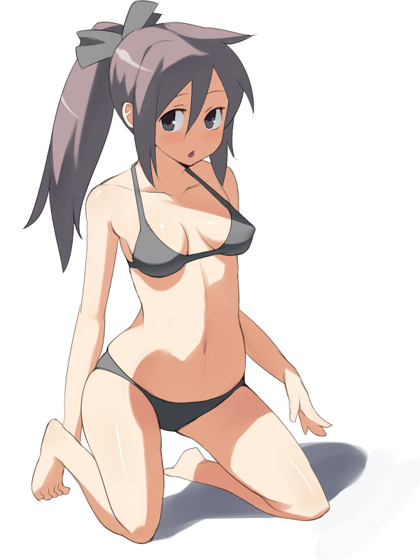 bikini black_eyes black_hair domu kneeling long_hair original ponytail solo swimsuit