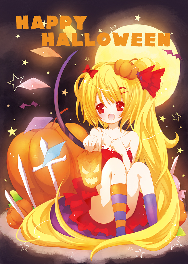 catbell flandre_scarlet hair_ornament halloween long_hair moon pumpkin red_eyes side_ponytail solo touhou wings