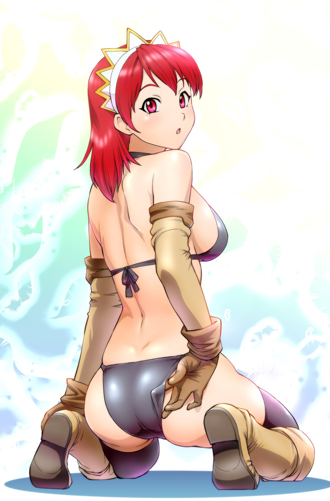ass back bare_shoulders bikini boots cecily_cambell cecily_campbell elbow_gloves gloves headdress kneeling looking_back pink_eyes seiken_no_blacksmith solo swimsuit thighhighs ueyama_michirou