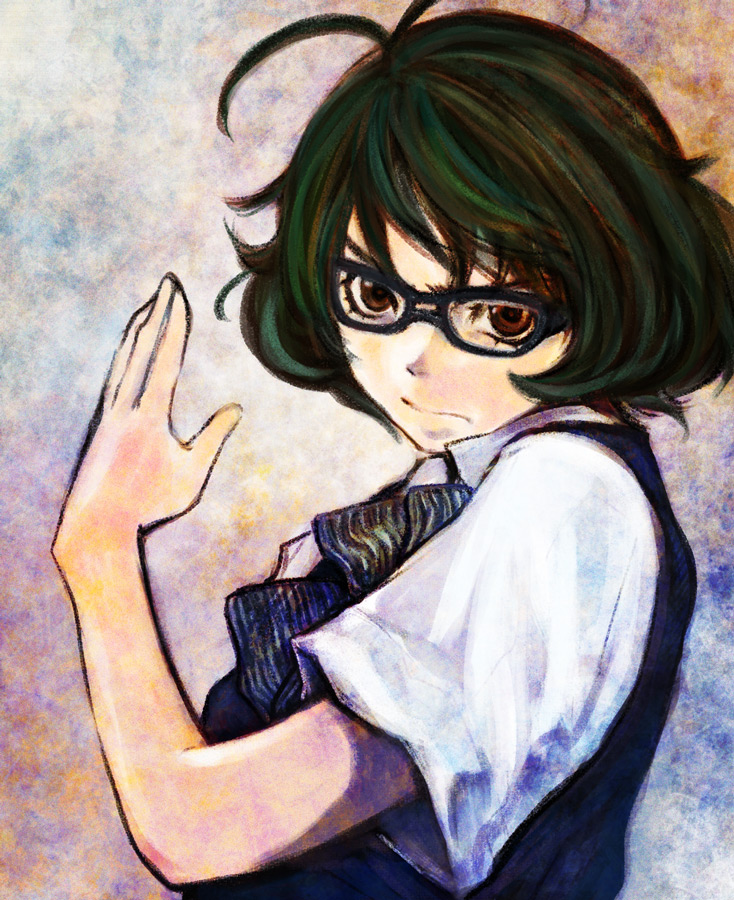 akizuki_ryou brown_eyes doraeshi glasses green_hair idolmaster