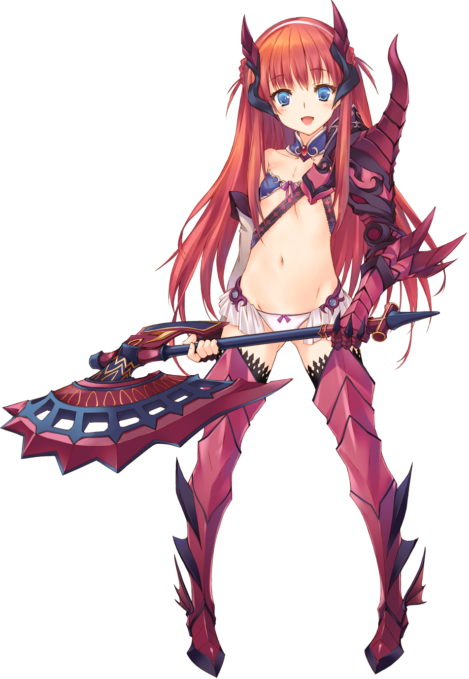 1girl alisia_heart aquaplus armor armored_boots bikini_armor blue_eyes boots bow bow_panties dungeon_travelers_2 fingerless_gloves full_body gloves highres holding_axe long_hair looking_at_viewer navel official_art open_mouth panties redhead solo tori@gununu transparent_background underwear white_panties