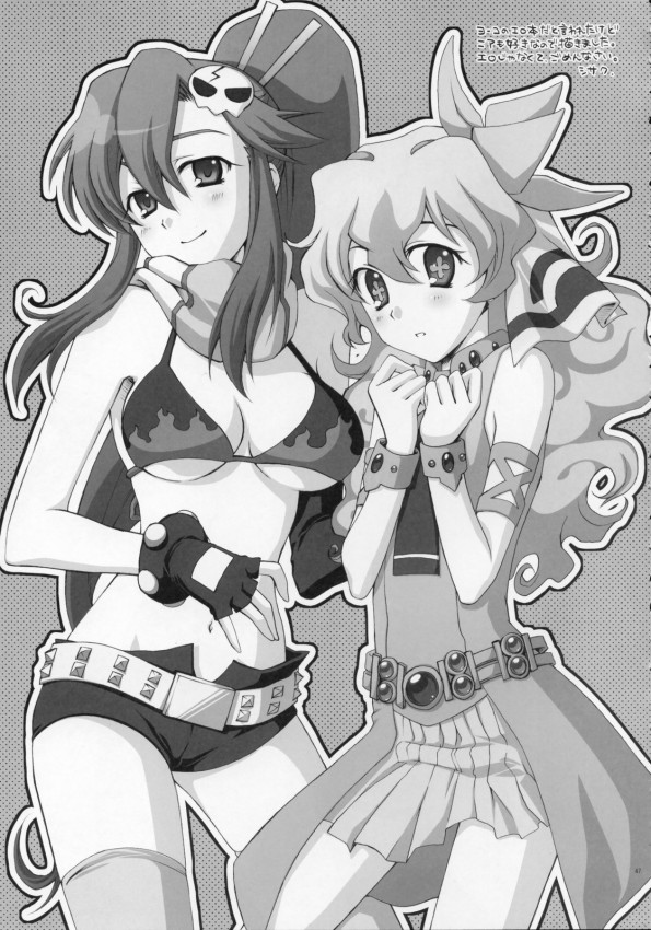 2girls armlet belt bikini_top bracelet breasts dress fingerless_gloves flower gloves hair_flower hair_ornament jewelry long_hair monochrome multiple_girls nia_teppelin ponytail scarf shorts tengen_toppa_gurren_lagann thigh-highs thighhighs yoko_littner yoko_ritona