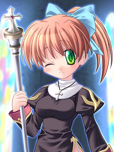 green_eyes ishihara_masumi jewelry long_hair necklace orange_hair ponytail priest priest_(ragnarok_online) ragnarok_online ribbon smile staff wink