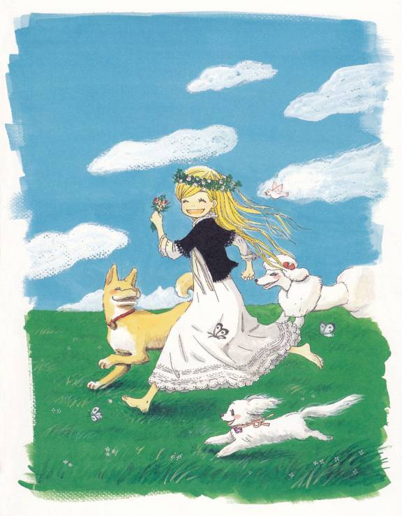 blonde_hair butterfly chika_umino dog dress feet field flower grass hanamoto_hagumi happy honey_and_clover jpeg_artifacts leader long_hair outside pack_of_dogs poodle running smile soles solo toes