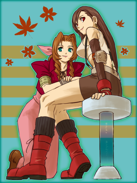 aerith_gainsborough belt black_hair boots bracelets brown_hair dress elbow_gloves elbow_pads final_fantasy final_fantasy_vii fingerless_gloves gloves green_eyes isaki isaki_(pixiv609148) long_hair multiple_girls pink_ribbon red_eyes ribbon sitting skirt stool suspenders tanktop tifa_lockhart