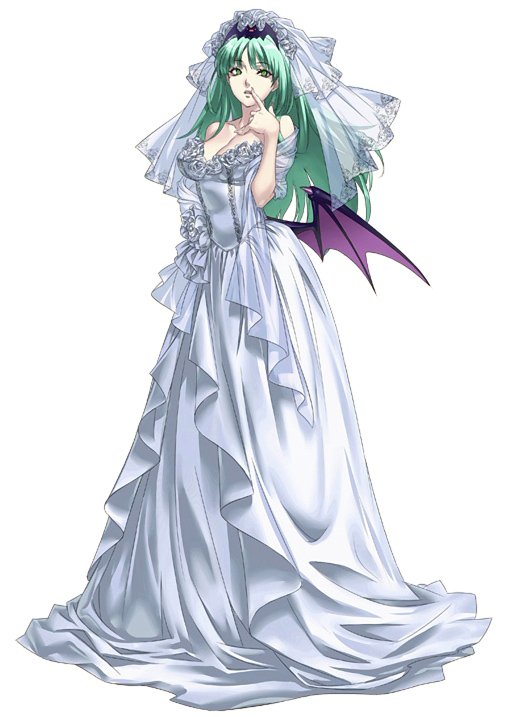 1girl :o aqua_hair bare_shoulders bat_wings breasts bridal_veil bride capcom cleavage commentary cross_edge demon_girl detached_sleeves dress female finger_to_mouth frills full_body green_eyes green_hair hair_ornament lace large_breasts long_hair morrigan_aensland nakamura_tatsunori off-shoulder_dress off_shoulder official_alternate_costume official_art open_mouth pointing see-through simple_background solo standing succubus vampire_(game) veil wedding wedding_dress white_background wings