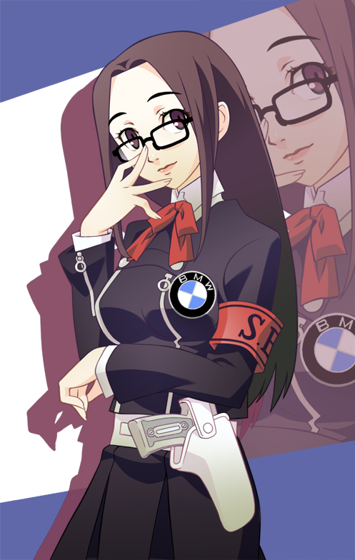 belt brown_hair fushimi_chihiro glasses gun holster long_hair nyoronyoro persona persona_3 ribbon school_uniform weapon