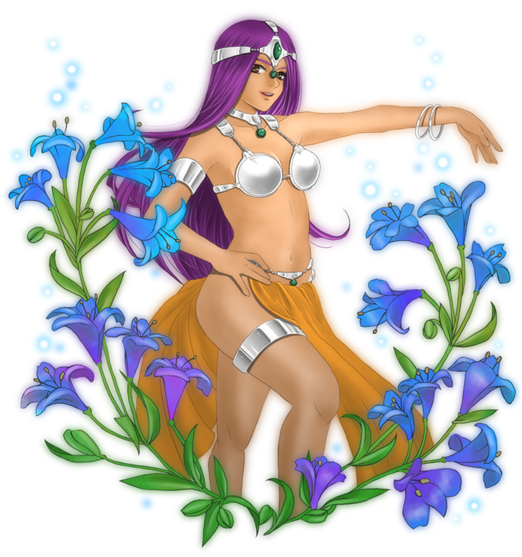 bikini_top bracelet brown_eyes circlet clarityblue dragon_quest dragon_quest_iv flower jewelry loincloth long_hair manya necklace purple_hair solo