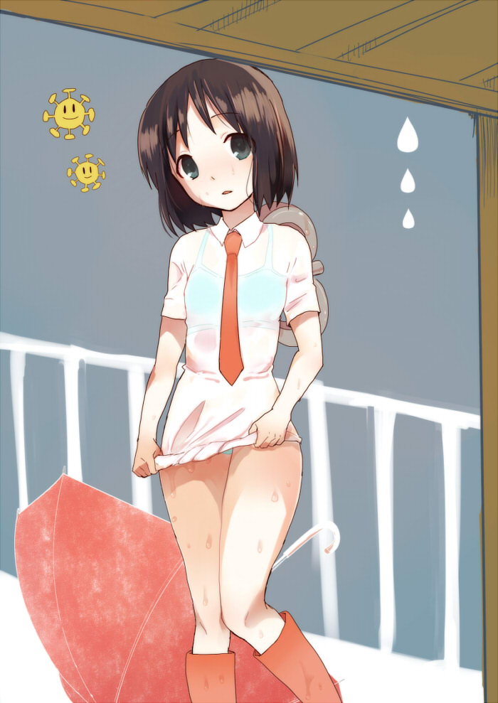 1girl black_eyes black_hair mado_(view85) necktie nichijou no_pants see-through shinonome_nano solo umbrella wet wet_clothes winding_key