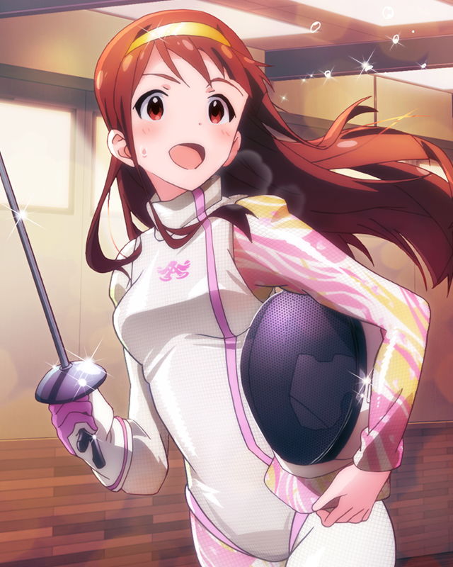 1girl :d artist_request blush brown_eyes brown_hair epee fencing fencing_suit flying_sweatdrops hairband heart helmet idolmaster idolmaster_million_live! long_hair looking_at_viewer official_art open_mouth smile solo sweat tanaka_kotoha