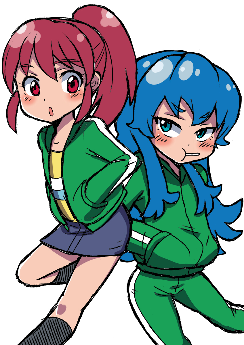 2girls aino_megumi alternate_costume back-to-back blue_eyes blue_hair candy hands_in_pockets happinesscharge_precure! highres konboi-eg lollipop long_hair multiple_girls pink_eyes pink_hair ponytail precure shirayuki_hime simple_background skirt track_jacket track_pants track_suit tsurime white_background