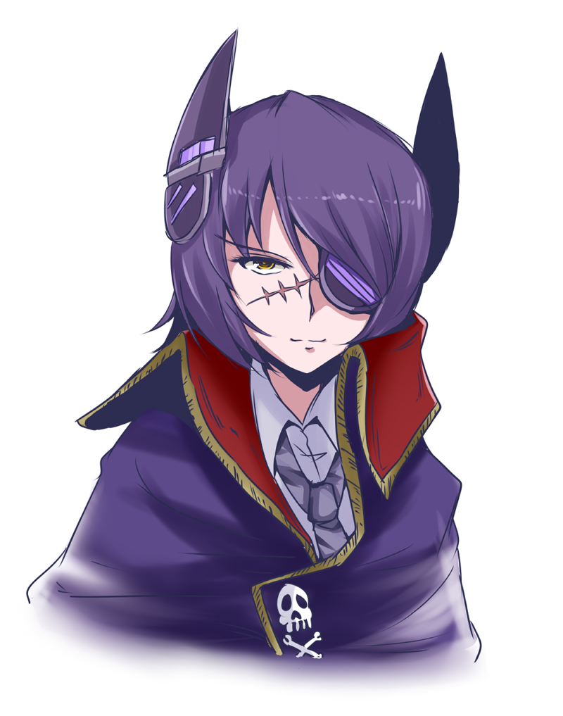 1girl cape collared_shirt eyepatch harlock harlock_(cosplay) harlock_saga kantai_collection loose_necktie necktie personification purple_hair scar sekitaku short_hair simple_background skull_and_crossbones smirk tenryuu_(kantai_collection) white_background yellow_eyes