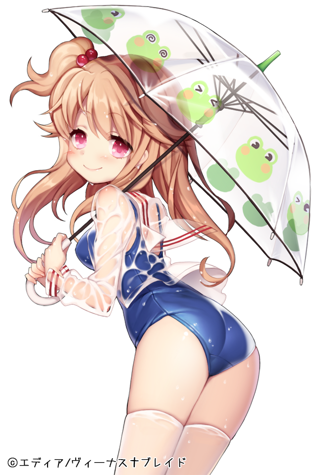 1girl ass blush brown_hair byulzzimon frog_print hair_bobbles jacket long_hair one_side_up original print_umbrella red_eyes sailor_collar school_swimsuit see-through smile swimsuit thighhighs umbrella wet wet_clothes wet_shirt wet_thighhighs
