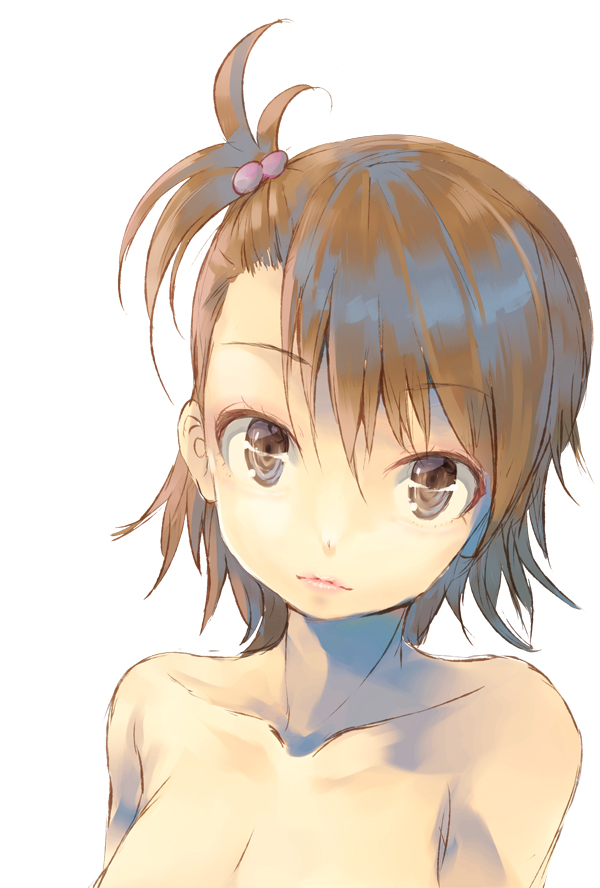 1girl bare_shoulders brown_eyes brown_hair futami_ami idolmaster lips looking_at_viewer side_ponytail solo white_background yae_(mono110)