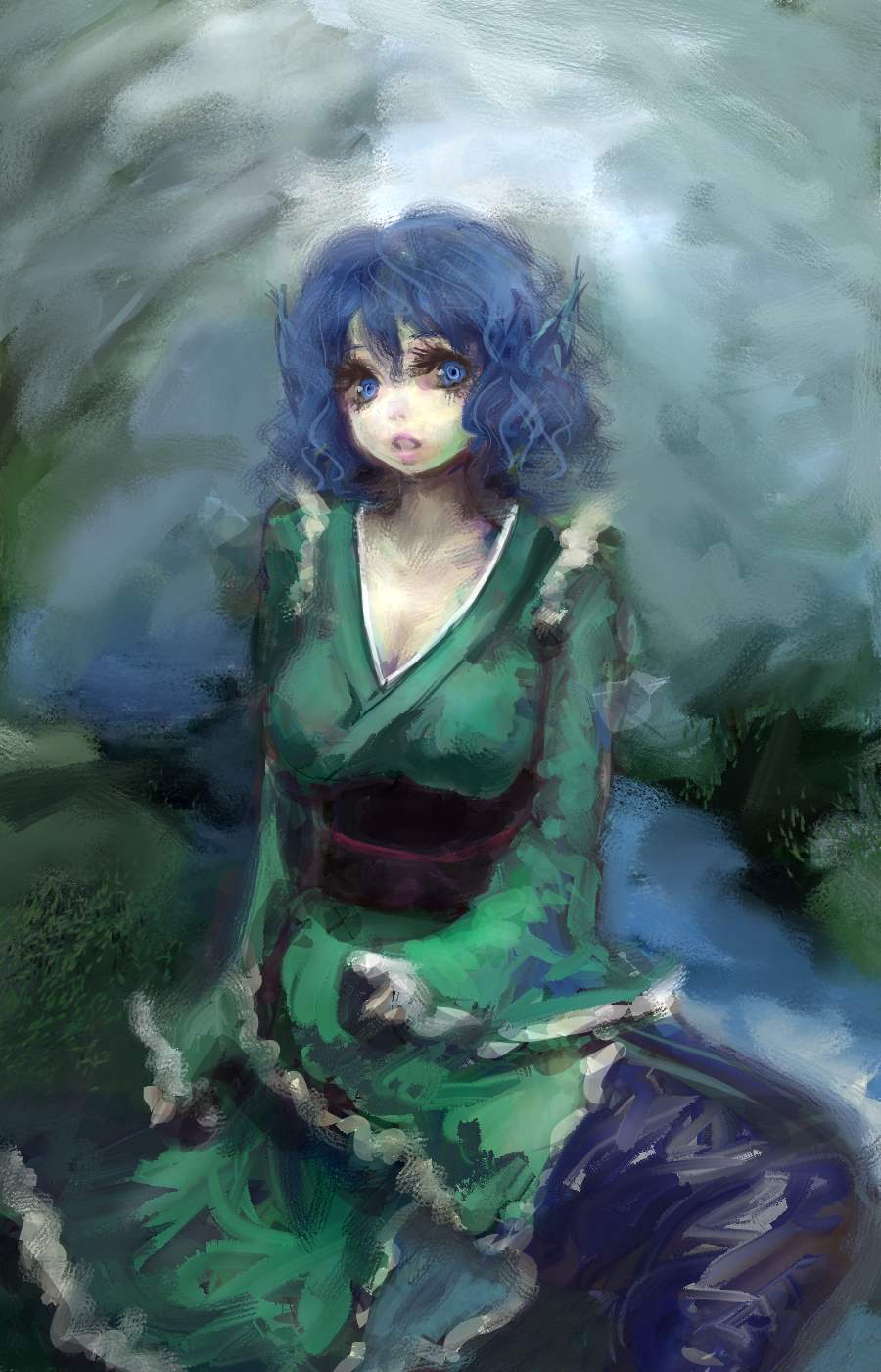 :o blue_eyes blue_hair breasts cleavage eyelashes faux_traditional_media hiepita_(1014) highres japanese_clothes kimono large_breasts long_sleeves looking_at_viewer mermaid monster_girl obi open_mouth sash short_hair sitting touhou wakasagihime wide_sleeves