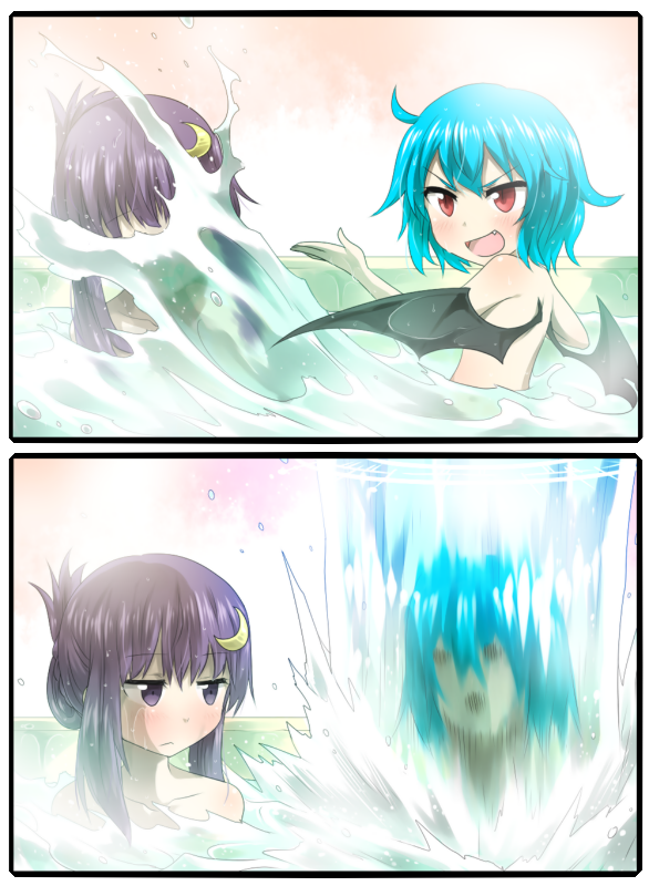 &gt;:d 2girls 2koma :d alternate_hairstyle bat_wings bath bathing blue_hair blush comic commentary_request crescent_hair_ornament dress fang flat_gaze hair_ornament hair_up hydrokinesis magic_circle multiple_girls nobamo_pieruda nude open_mouth patchouli_knowledge purple_dress red_eyes remilia_scarlet revenge shared_bathing smile splashing touhou violet_eyes water wet wings